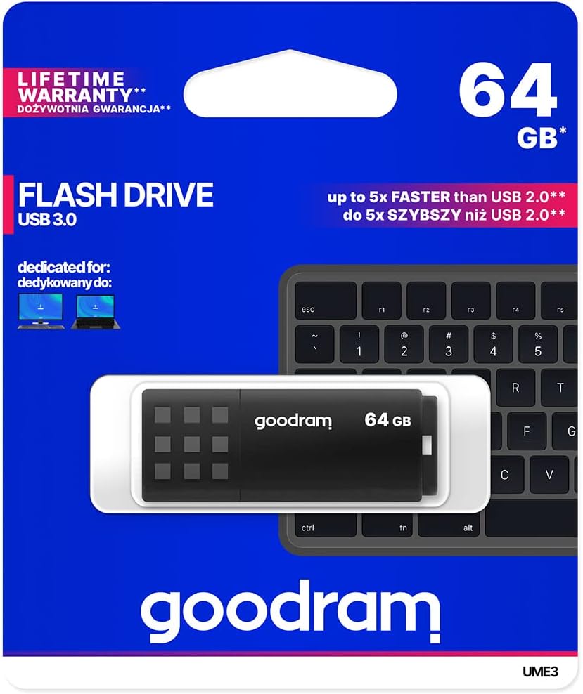 goodram USB Memory Stick with 64GB UME3 - USB 3.0 Data Storage Pen Drive - Read Speed up to 60 MBs - with Non-Slip Memory Stick - USB Flash Drive Black 10.3 x 12.3 x 1.2 cm