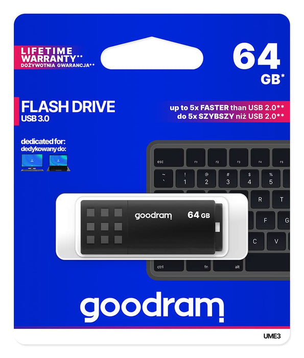 goodram USB Memory Stick with 64GB UME3 - USB 3.0 Data Storage Pen Drive - Read Speed up to 60 MBs - with Non-Slip Memory Stick - USB Flash Drive Black 10.3 x 12.3 x 1.2 cm