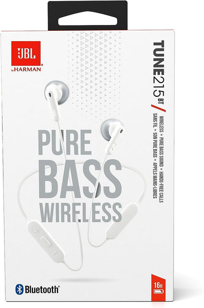 JBL TUNE 215BT - Wireless earbud headphones with Bluetooth 5.0, built-in microphone, and 16 hour battery life, in white