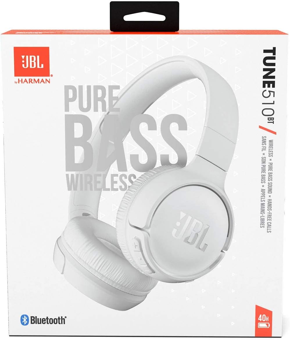 JBL TUNE 510BT – Auriculares inalámbricos on-ear con tecnología Bluetooth, ligeros, cómodos y plegables, hasta 40h de batería, Siri y Asistente de Google, con conexión multipunto, blanco