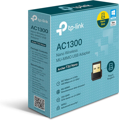 TP-Link Archer T3U Nano USB Network Card Adapter, Wireless Dual-Band WiFi AC1300Mbps, Nano Size, USB 2.0, MU-MIMO, Windows Support, Mac OS X
