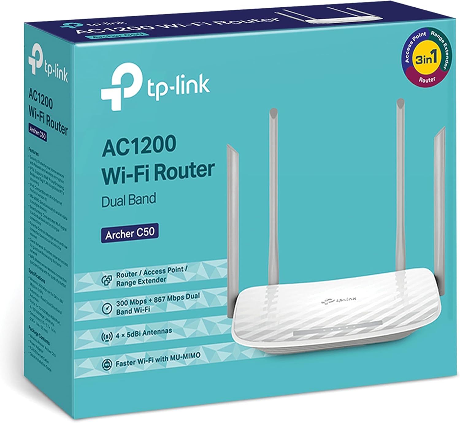 TP-Link AC1200 Wireless Dual Band Wi-Fi Router, Wi-Fi Speed Up to 867 Mbps/5 GHz + 300 Mbps/2.4 GHz, 4+1 Fast Ports, Single-Core CPU, Parental Control, Easy setup (Archer C50