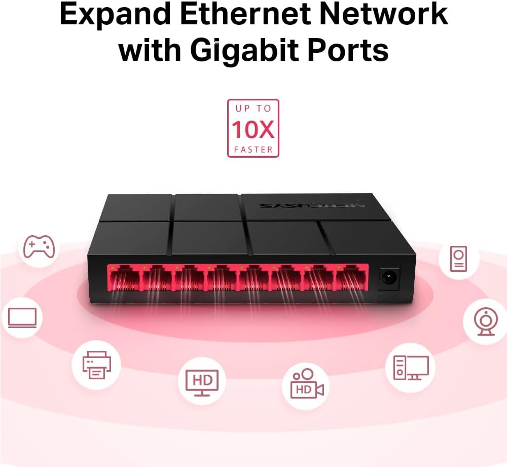 TP-Link Mercusys MS108G Switch Ethernet 8 Porte Gigabit, Sdoppiatore Ethernet, Switch Gigabit per la Casa e l'Ufficio, Plug e Play, Montaggio Desktop, Contenitore di Plastica