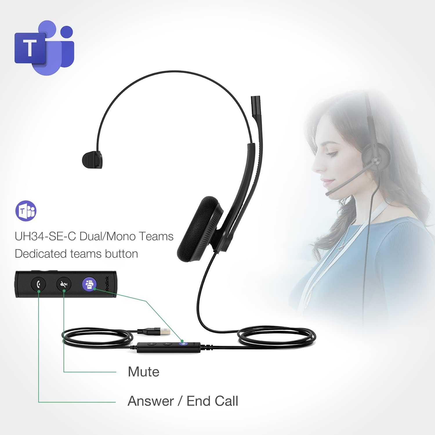 Yealink UH34 USB Headset with Noise Cancelling Mic, Work Headset for PC, Teams Certified Headphones for VoIP Phone Softphone, In Line Control