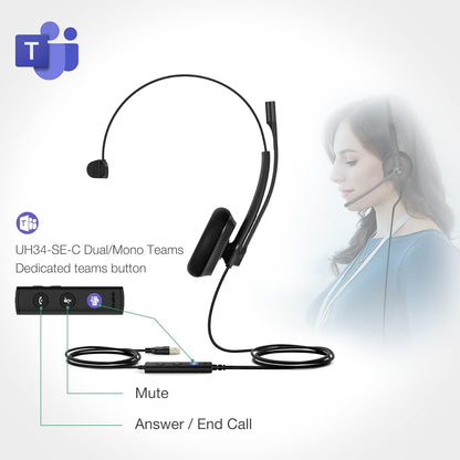 Yealink UH34 USB Headset with Noise Cancelling Mic, Work Headset for PC, Teams Certified Headphones for VoIP Phone Softphone, In Line Control