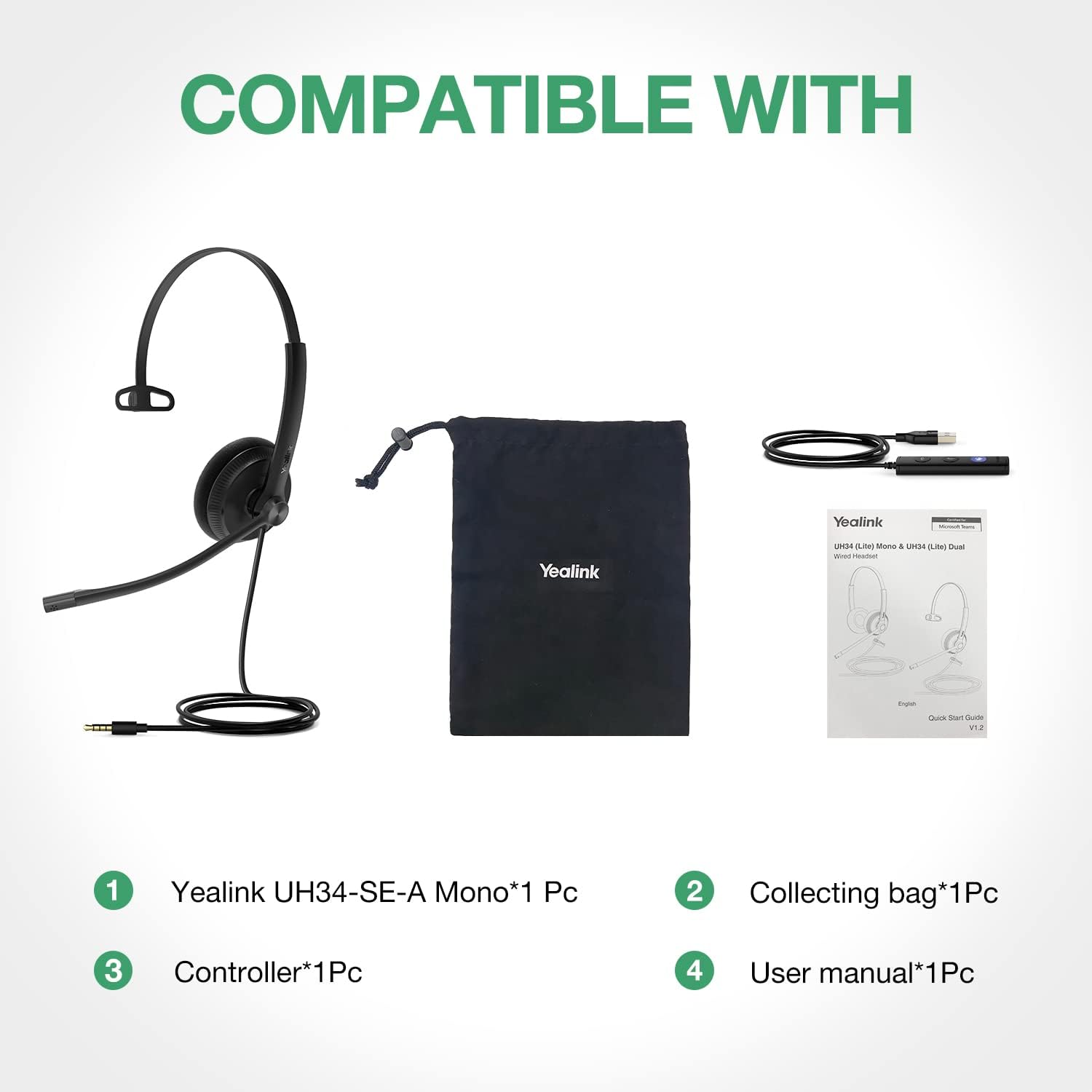 Yealink UH34 USB Headset with Noise Cancelling Mic, Work Headset for PC, Teams Certified Headphones for VoIP Phone Softphone, In Line Control
