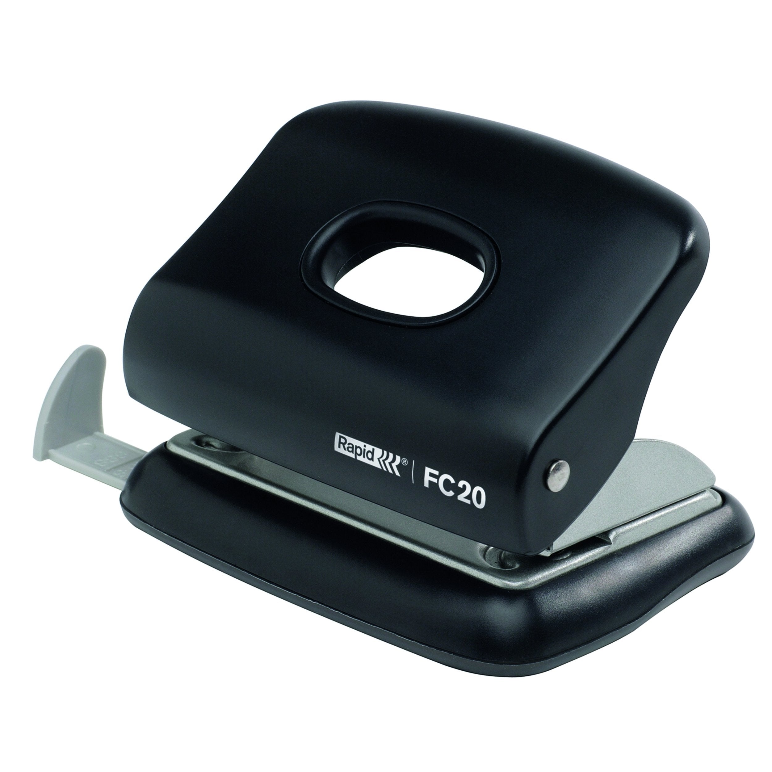 Rapid Fashion FC20 2 Hole Punch, Punches up to 20 Sheets, Adjustable Guide Bar, Ergonomic Design, Black, 23256400