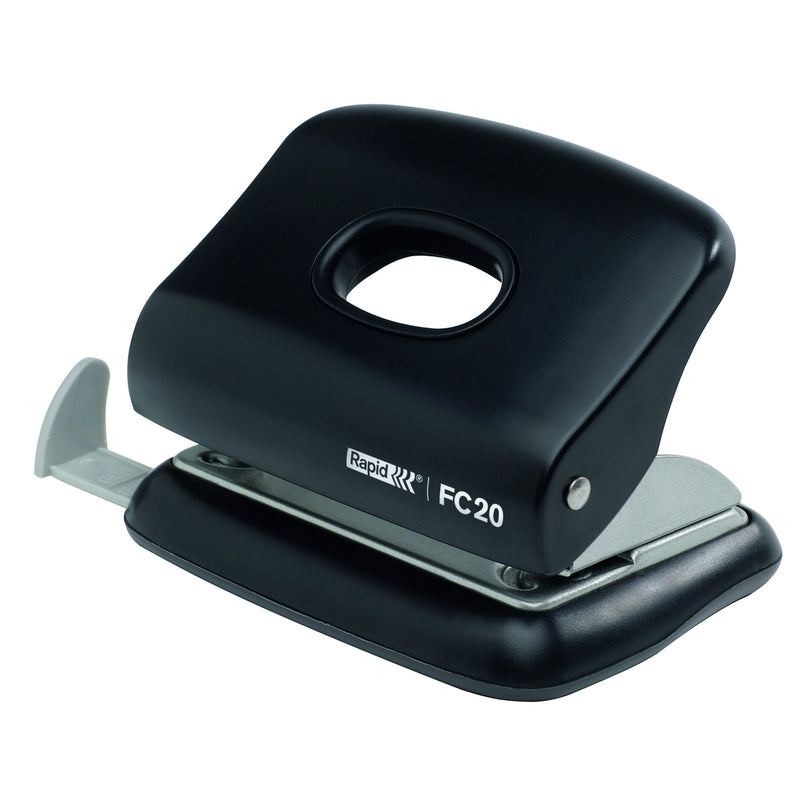 Rapid Fashion FC20 2 Hole Punch, Punches up to 20 Sheets, Adjustable Guide Bar, Ergonomic Design, Black, 23256400
