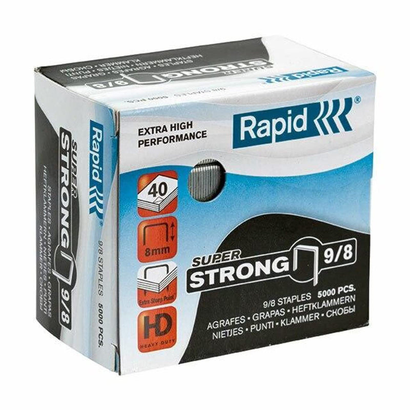 Rapid 9/8mm Super Strong Staples, For Stapling 10-40 Sheets, Use with Heavy Duty Staplers, Galvanised Wire, Box of 5000, 24871000