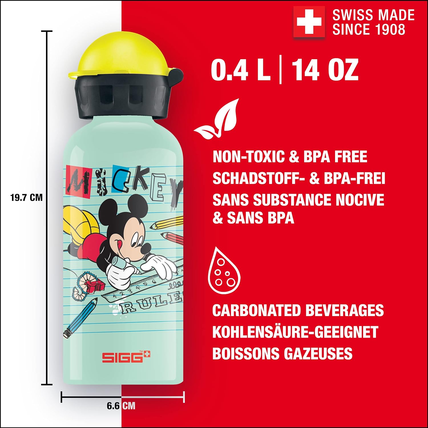 SIGG - Aluminium Kids Water Bottle - KBT - Leakproof - Lightweight - BPA Free - Climate Neutral Certified - 0.4L Mickey School