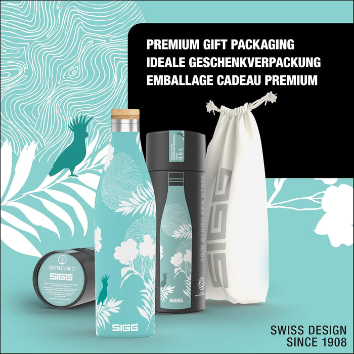 SIGG - Insulated Water Bottle - Meridian - Leakproof - Extra Slim - BPA Free - Plastic Free - Double Walled 18/8 Stainless Steel - Bamboo Screw Top - Glacier - 0.5 L