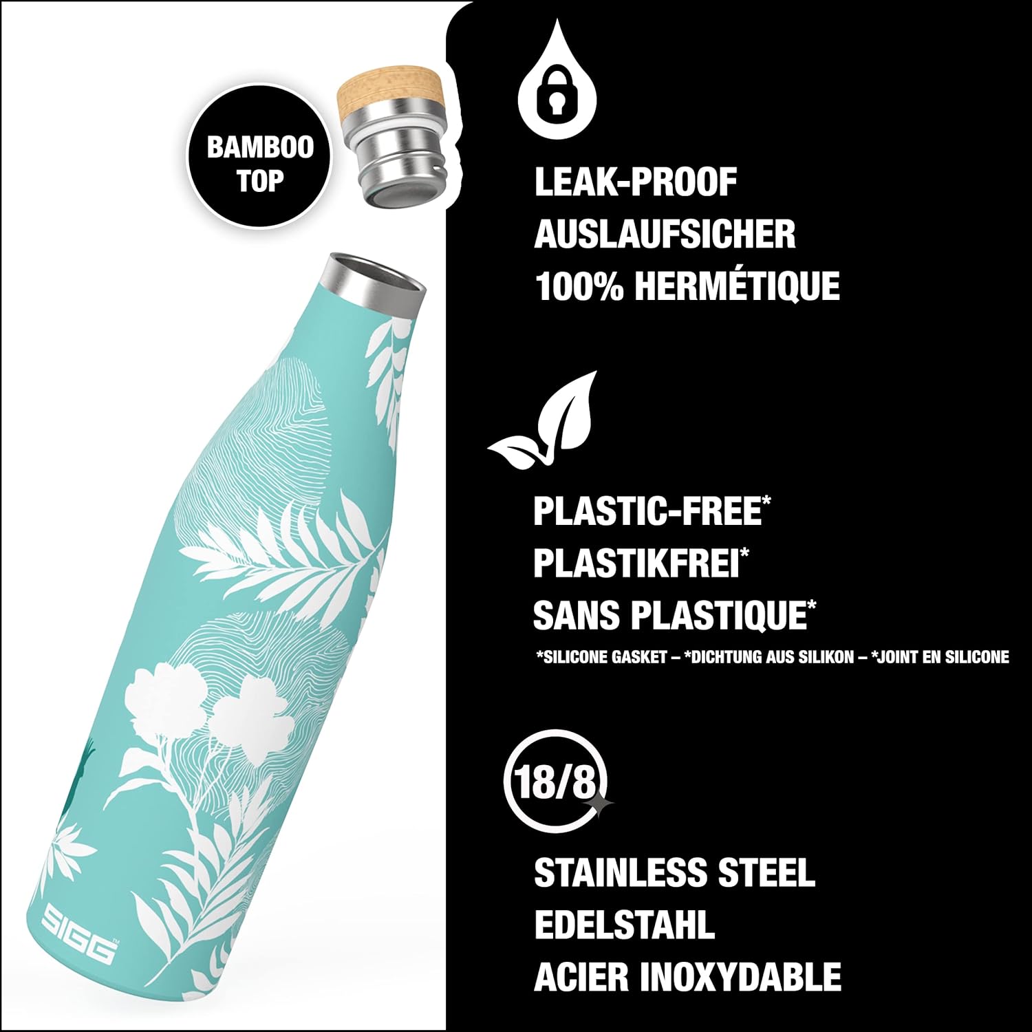 SIGG - Insulated Water Bottle - Meridian - Leakproof - Extra Slim - BPA Free - Plastic Free - Double Walled 18/8 Stainless Steel - Bamboo Screw Top - Glacier - 0.5 L