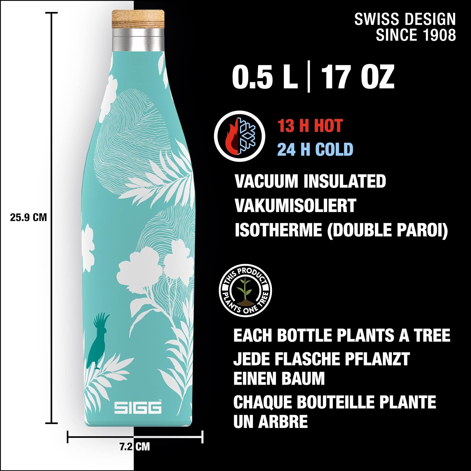 SIGG - Insulated Water Bottle - Meridian - Leakproof - Extra Slim - BPA Free - Plastic Free - Double Walled 18/8 Stainless Steel - Bamboo Screw Top - Glacier - 0.5 L