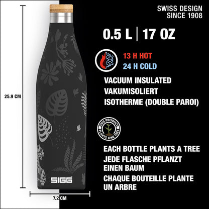 SIGG - Insulated Water Bottle - Meridian - Leakproof - Extra Slim - BPA Free - Plastic Free - Double Walled 18/8 Stainless Steel - Bamboo Screw Top - Black - 0.5 L