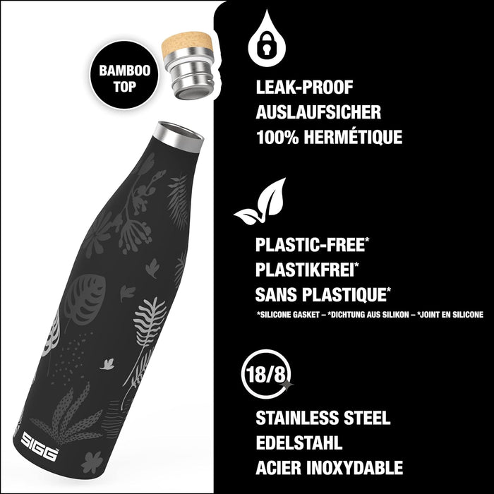 SIGG - Insulated Water Bottle - Meridian - Leakproof - Extra Slim - BPA Free - Plastic Free - Double Walled 18/8 Stainless Steel - Bamboo Screw Top - Black - 0.5 L