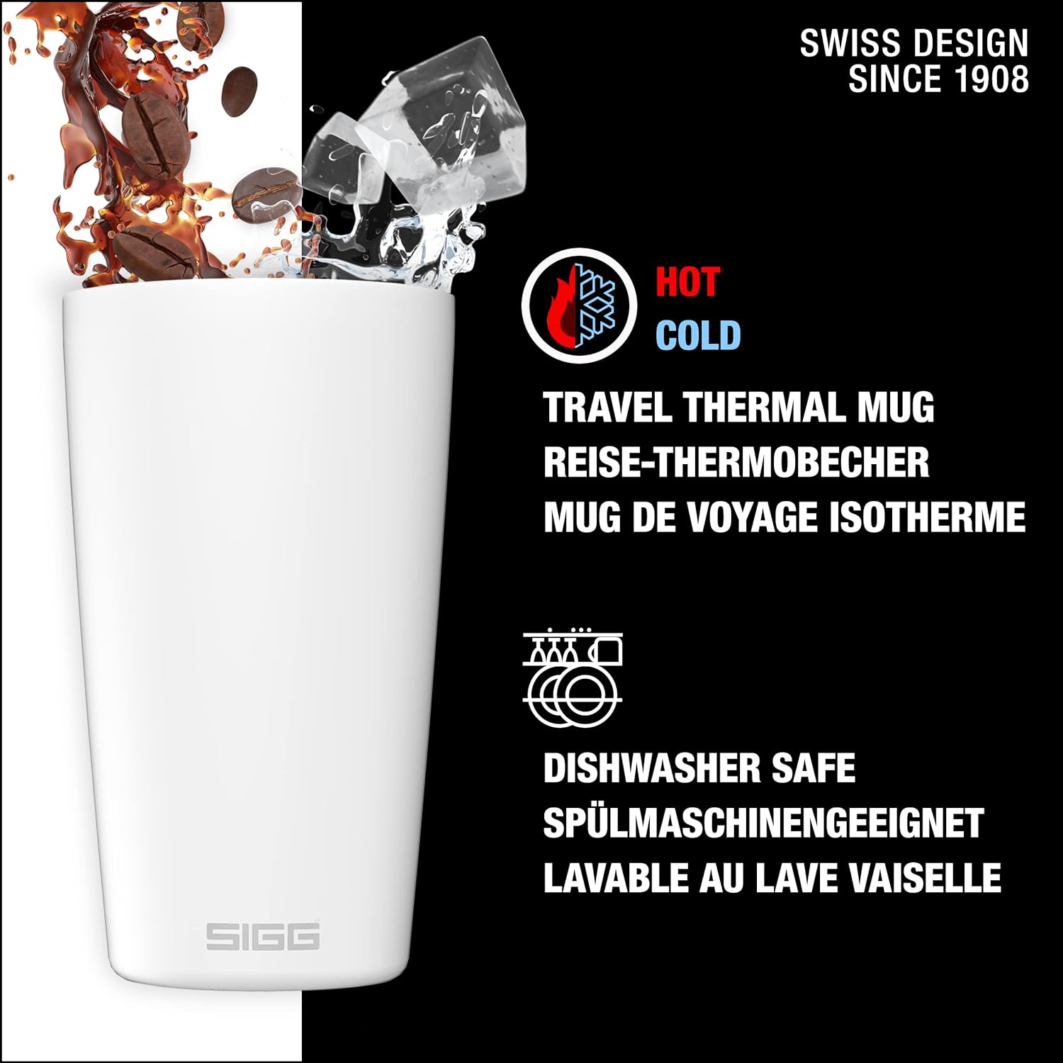 SIGG - Coffee Travel Mug Neso Pure Ceram - With Tritan Lid - Dishwasher Safe - Lightweight - BPA Free - 18/8 Stainless Steel - White
