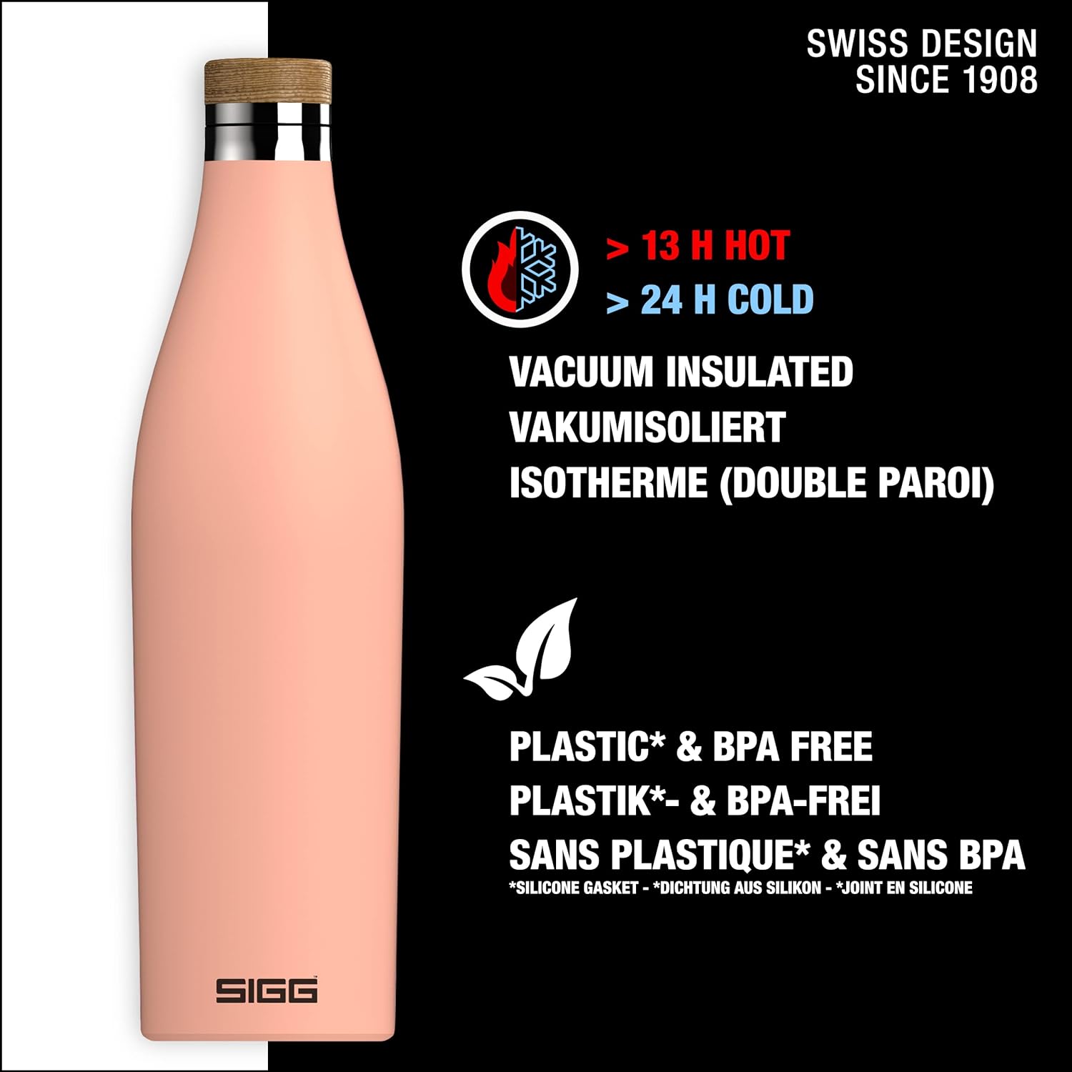 SIGG Meridian Shy Pink drinking bottle (0.5 L), pollutant-free and leak-proof water bottle made of stainless steel, double-wall insulated bottle for cold and hot drinks
