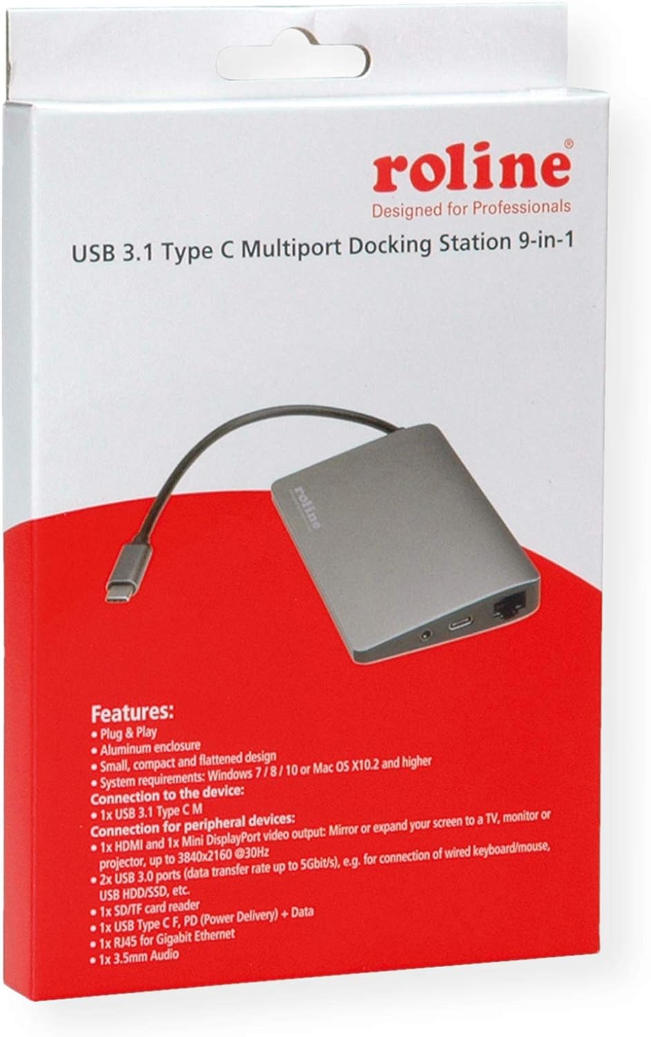 ROLINE USB Type C Docking Station HDMI 4K, MiniDP, 2x USB 3.1 Gen 1, Audio, LAN, PD, Cardreader Quick and easy connection to the peripheral devices in the workplace