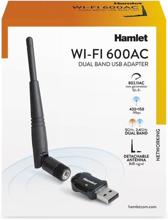 Hamlet HNW600ACU adaptador y tarjeta de red WLAN 600 Mbit/s - Accesorio de red (Inalámbrico, USB, WLAN, Wi-Fi 5 (802.11ac), 600 Mbit/s, Negro