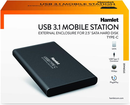 Hamlet HXD25TCU31 Portable Hard Drive 2.5" Black External Hard Drive Enclosure - Network Hard Drive (2.5", SATA, Serial ATA II, Serial ATA III, 3.1 (3.1 Gen 2), USB Type C, Portable Hard Drive, Black