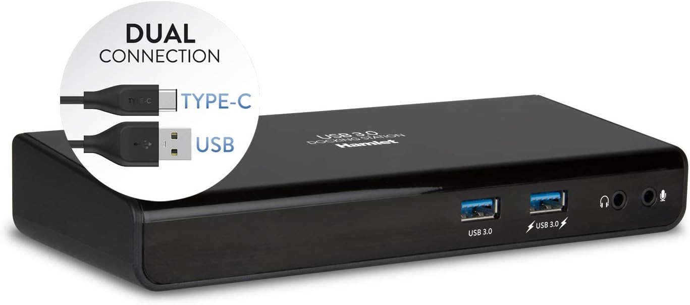 Hamlet HDOKS300TC 2-Port Notebook Docking Station TYPE-C and USB 3.0 Video Outputs HDMI DVI/VGA + 2 USB 3.0 Hub + 4 USB 2.0 Ports + Gigabit Network + Mic and Audio Out