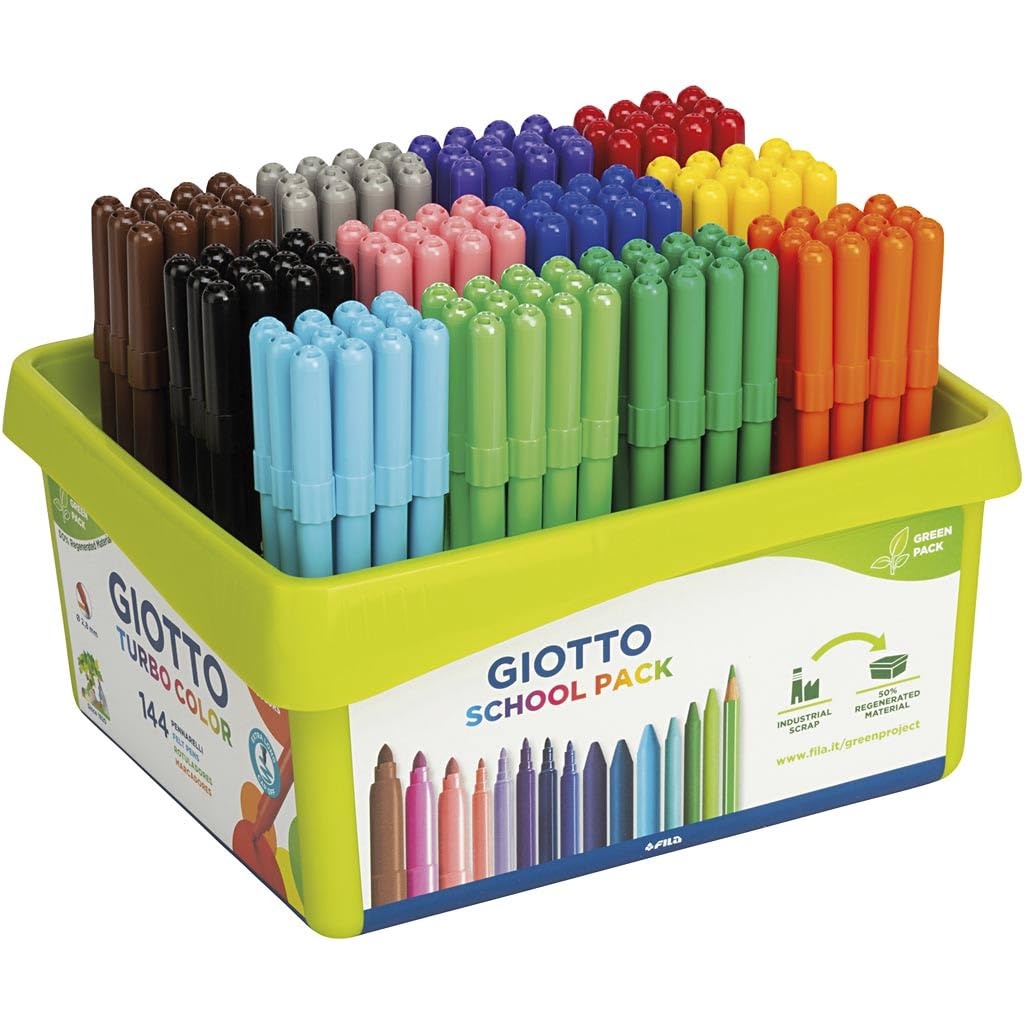 GIOTTO Turbocolor Felt Tip Fibre Pens, Fine Tip Nib 2.8mm, School pack, 144 x Assorted Colours, Ideal for Children, Parties and Schools