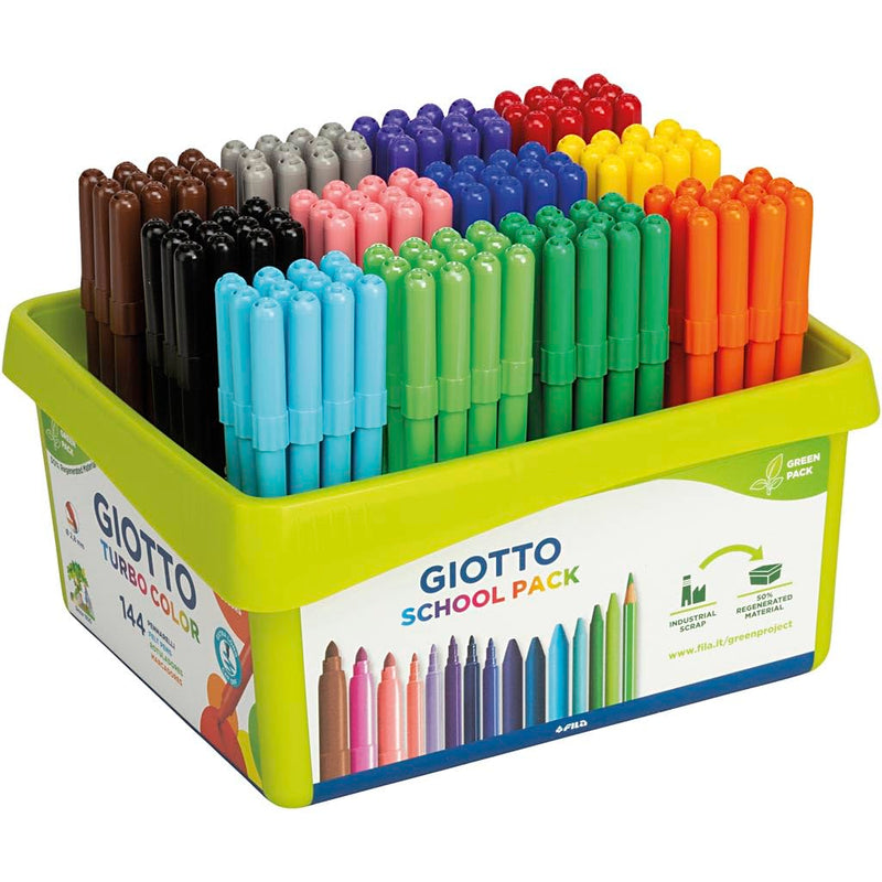 GIOTTO Turbocolor Felt Tip Fibre Pens, Fine Tip Nib 2.8mm, School pack, 144 x Assorted Colours, Ideal for Children, Parties and Schools