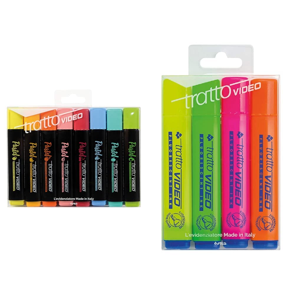 Tratto Video Pastel Evidenziatori Pastel, Multicolore, 8 Pezzi & Video Busta con 4 Evidenziatori