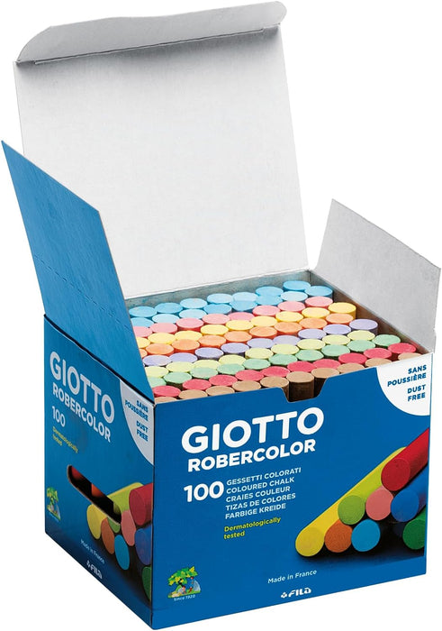 GIOTTO Robercolor Colour Chalk, 100 Assorted Colours x Round Chalk Pack, Dustless & Super Washable, Ideal for Children, Parties and Schools Colour 100 Box