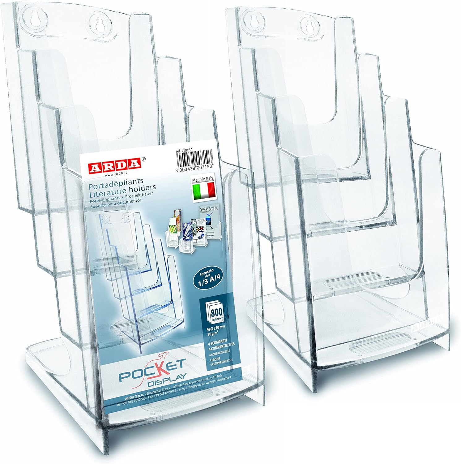 ARDA Wall magazine rack with 4 compartments | Format 1/3 A4, capacity 800 sheets of 80gr | Transparent display