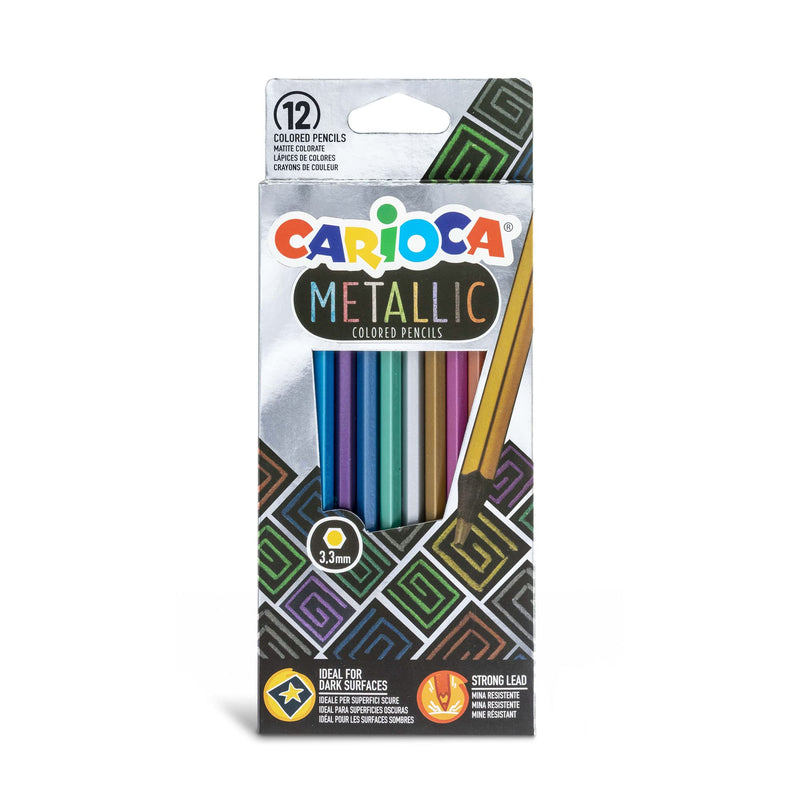 Carioca Metallic Pencils, 12 Opaque Colored Pencils with Metallic Finish, Hexagonal Shape, Colored Pencils for Kids and Adults, for Drawing and Coloring, Easy to Draw Point, Assorted Colors