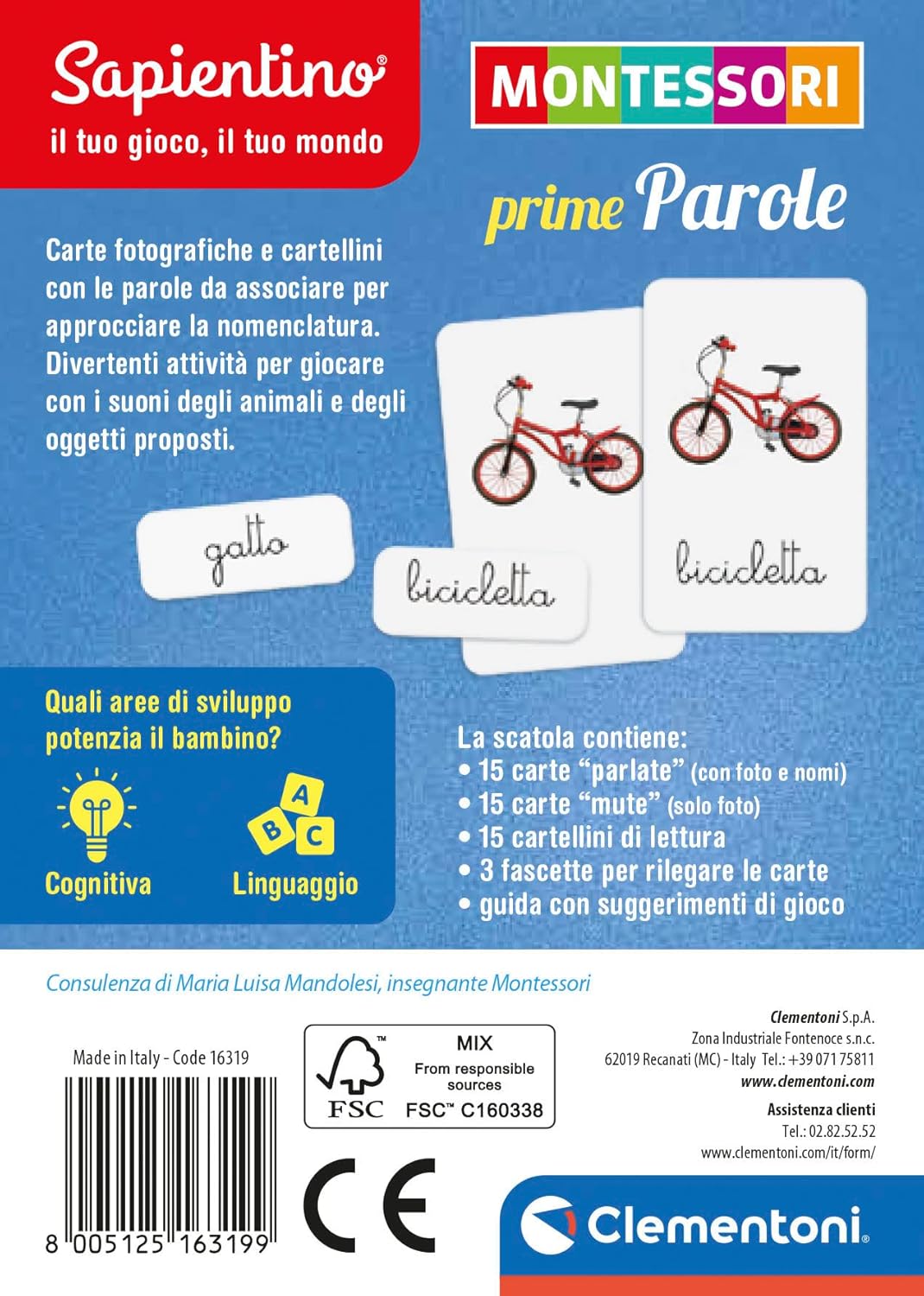 Clementoni Tarjetas Prime Words Montessori 2 años (versión Italiana), Juego Educativo, Multicolor, Talla única (16319