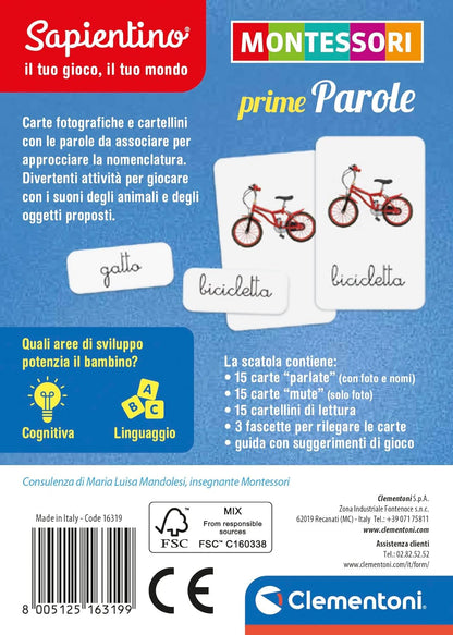 Clementoni Tarjetas Prime Words Montessori 2 años (versión Italiana), Juego Educativo, Multicolor, Talla única (16319