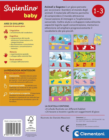 Clementoni- Sapientino Baby Animales y Siluetas – Juego Educativo 1 año (versión en Italiano), Giochi Montessori, Made in Italy, Multicolor, Small (16408