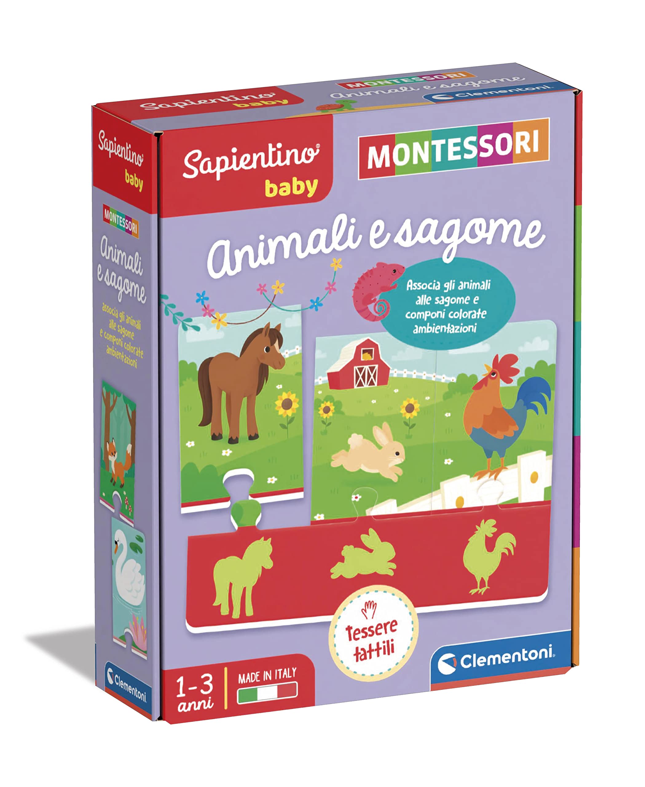 Clementoni- Sapientino Baby Animales y Siluetas – Juego Educativo 1 año (versión en Italiano), Giochi Montessori, Made in Italy, Multicolor, Small (16408