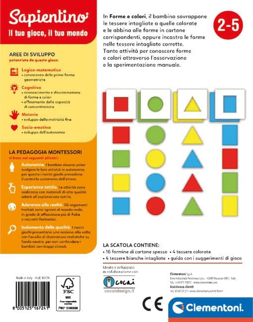 Clementoni - Sapientino Shapes Flashcard Geometric Figures and Colours, Montessori Game 2 Years, Montessori Educational Method, Made in Italy, Multicoloured, Medium, 16724