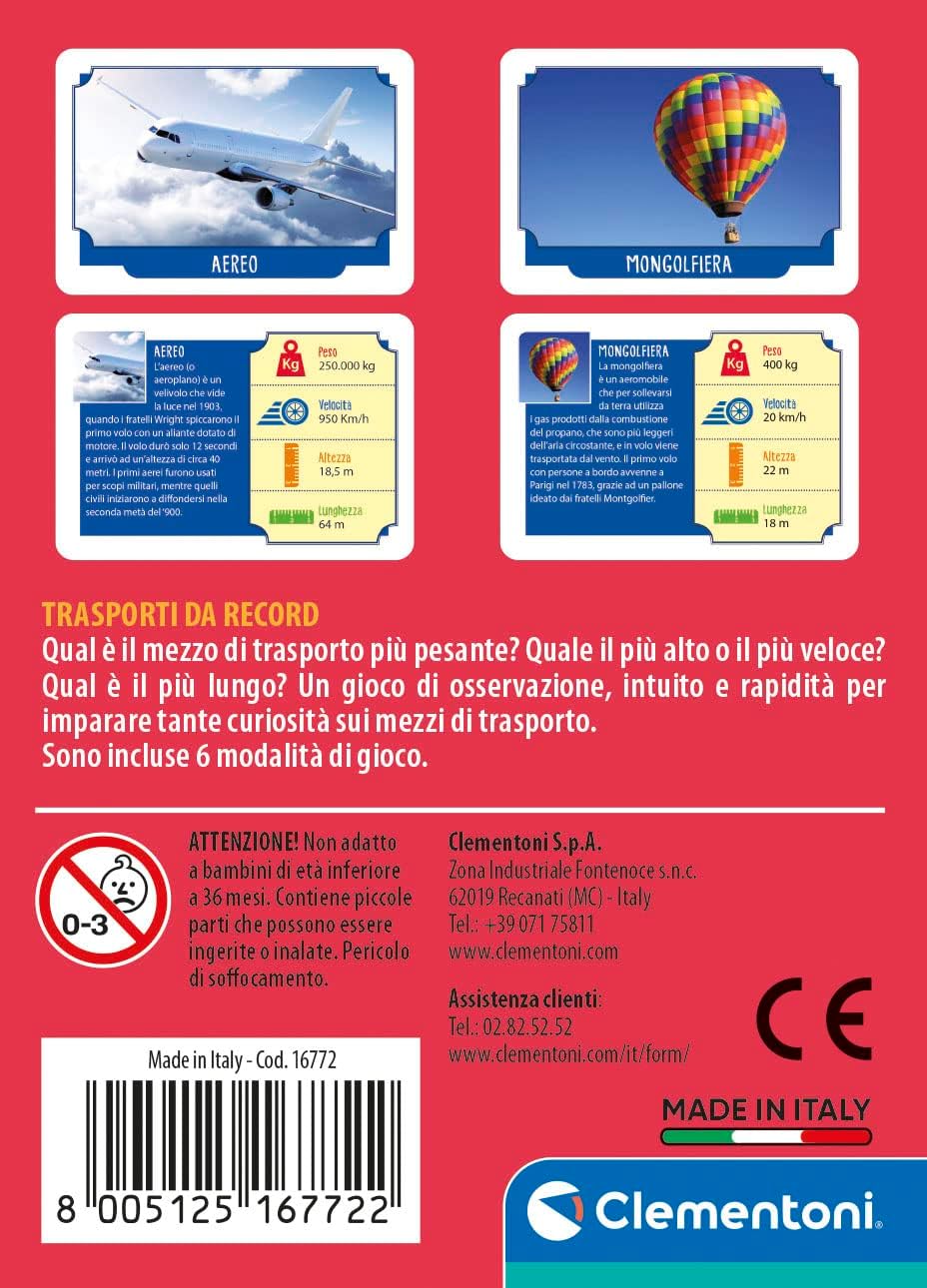 Clementoni - Rekordtransporte, Deck mit 50 Karten, um Kuriositäten auf Allen Fahrzeugen zu entdecken, für Kinder ab 6 Jahren und die ganze Familie, 2-5 Spieler, Geschenkidee Made in Italy