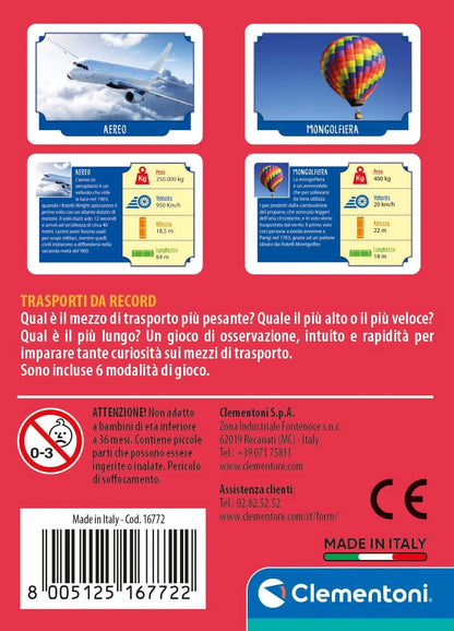 Clementoni - Rekordtransporte, Deck mit 50 Karten, um Kuriositäten auf Allen Fahrzeugen zu entdecken, für Kinder ab 6 Jahren und die ganze Familie, 2-5 Spieler, Geschenkidee Made in Italy