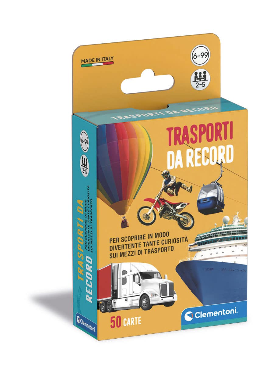 Clementoni - Rekordtransporte, Deck mit 50 Karten, um Kuriositäten auf Allen Fahrzeugen zu entdecken, für Kinder ab 6 Jahren und die ganze Familie, 2-5 Spieler, Geschenkidee Made in Italy