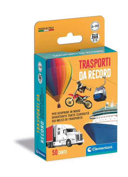 Clementoni - Rekordtransporte, Deck mit 50 Karten, um Kuriositäten auf Allen Fahrzeugen zu entdecken, für Kinder ab 6 Jahren und die ganze Familie, 2-5 Spieler, Geschenkidee Made in Italy