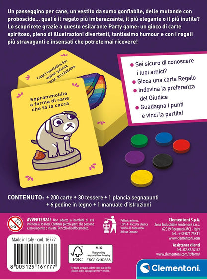 Clementoni 16777 Party Game-Das Bizarre Geschenk-Brettspiel, Kartenspiel, Gesellschaftsspiel für Erwachsene, 3-6 Spieler-Made in Italy, Italienisch