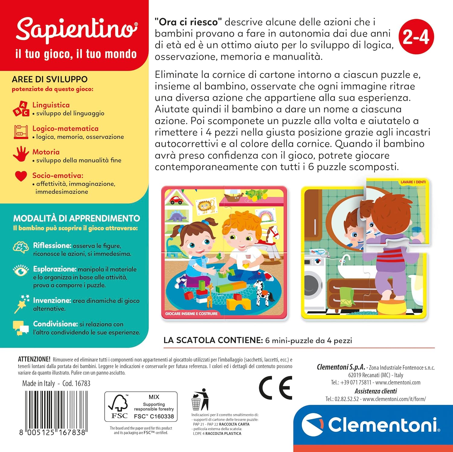 Clementoni - Sapientino-Ora Ci Riesco-Educational Game 2 Years, Sequence Puzzle, Embedding Tiles, Flashcards-Made in Italy, Italian Colour, 16783