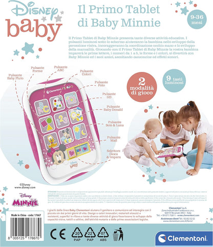Clementoni Disney Baby Minnie Giocattolo, topolina, Gioco elettronico parlante in Italiano, Primo Tablet Bambini 9 Mesi, Multicolore, 17667