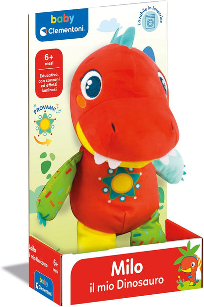 Clementoni 17773 Milo Il Mio Dinosaur-Plush Toy Multisensory Development Interactive Educational Kids Play 6 Months Machine Washable, Italian Milo Dinosaur