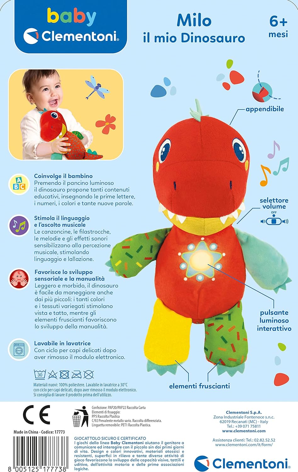 Clementoni 17773 Milo Il Mio Dinosaur-Plush Toy Multisensory Development Interactive Educational Kids Play 6 Months Machine Washable, Italian Milo Dinosaur