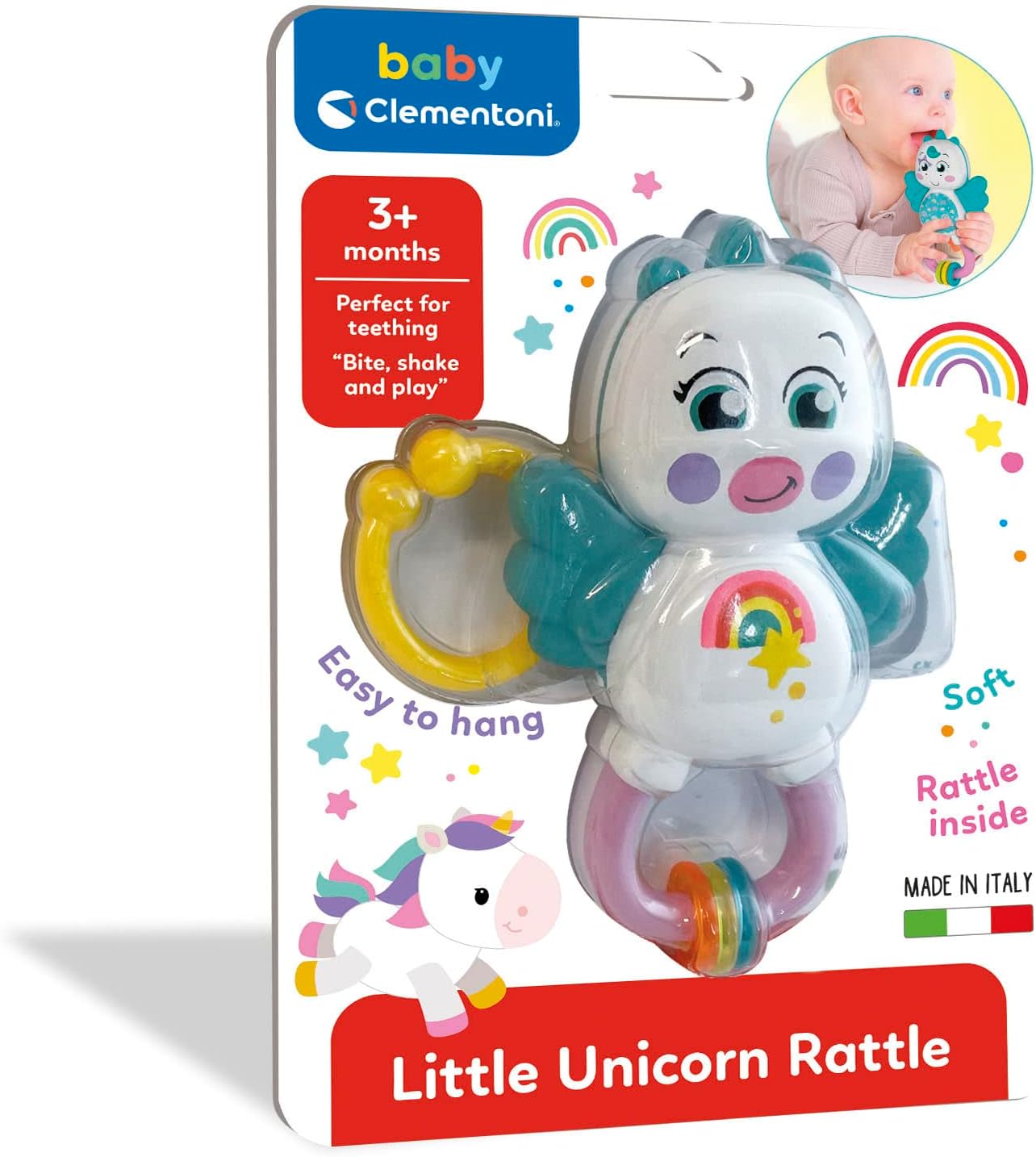 Clementoni - 17778 - Little Unicorn Rattle - Toddler Toy, Early Years Toys, Infant Toys, New Born Soft Toys Gift, 3 Months, Crinkle Squeaky Toys, Sensory Learning Toys, Stroller Pendant, Made In Italy