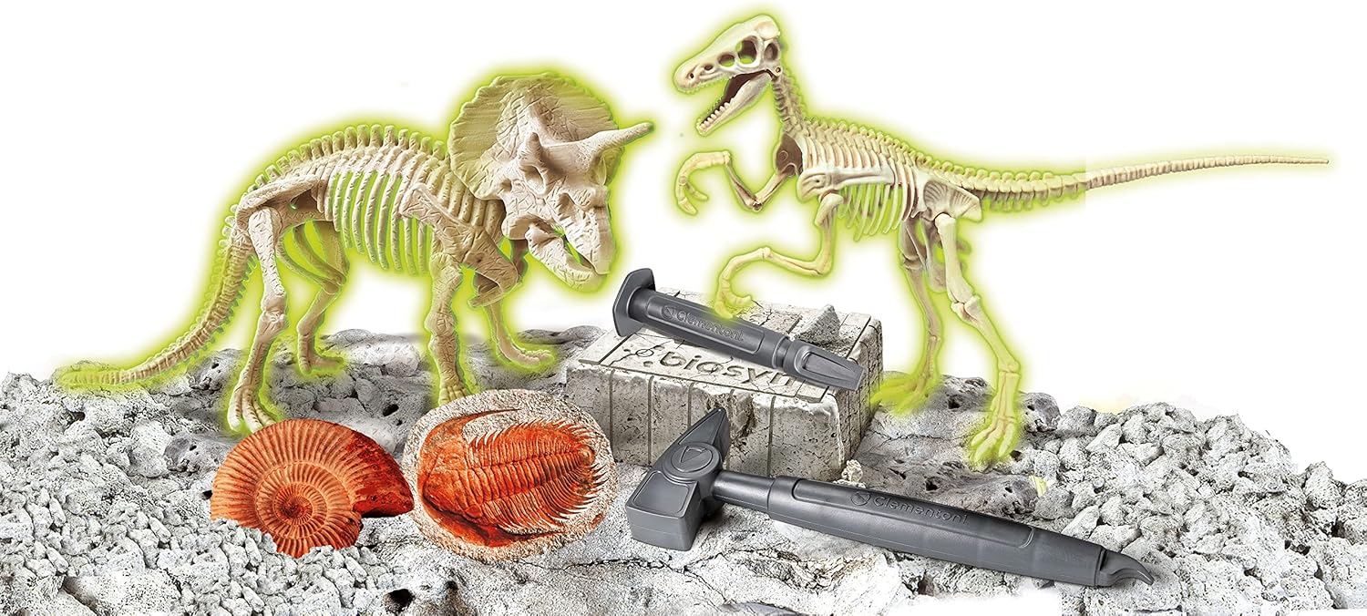 Clementoni Jurassic World 3 Dominion-Triceratops und Velociraptor-Dinosaurier, Fossilien-Set zum Graben und Zusammenbauen, wissenschaftliches Spiel 7 Jahre (italienische Version), hergestellt in