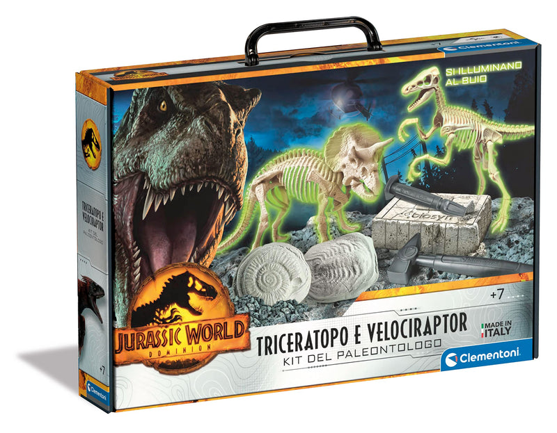 Clementoni Jurassic World 3 Dominion-Triceratops und Velociraptor-Dinosaurier, Fossilien-Set zum Graben und Zusammenbauen, wissenschaftliches Spiel 7 Jahre (italienische Version), hergestellt in