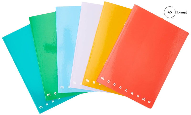Pigna Monocromo - Pack of 10 A5 Notebooks, Assorted Colours, 0C, Ruled Notebooks with Margin