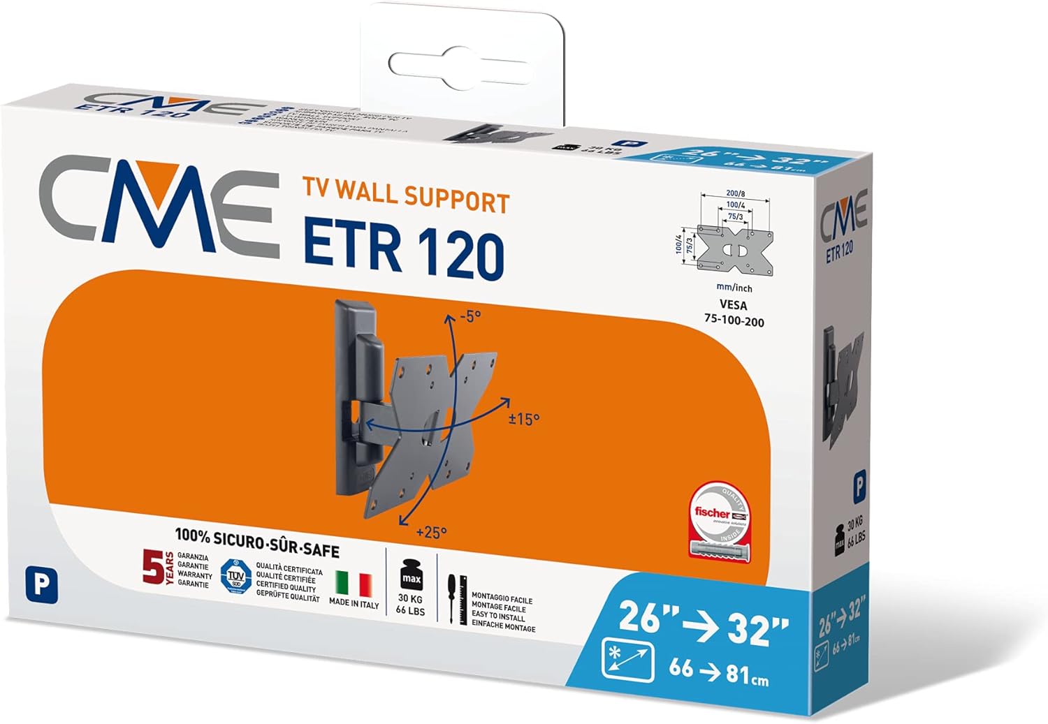 Meliconi CME ETR120, Supporto TV Parete, Supporto TV Inclinabile, Staffa per TV a Schermo Piatto da 14" a 32", Attacco VESA 75-100-200x100, Portata 20 Kg, Made in Italy, Nero